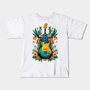 Electric guitar blue with flowers 6 Kids T-Shirt